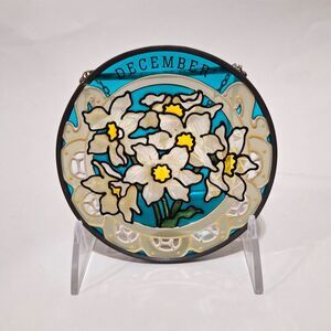 Vtg Joan Baker Hand Painted Stained Glass Sun Catcher December B-day Narcissus
